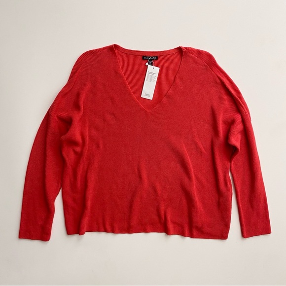 Eileen Fisher Watermelon V Neck Pullover Sweater Peruvian Organic Cotton Crepe